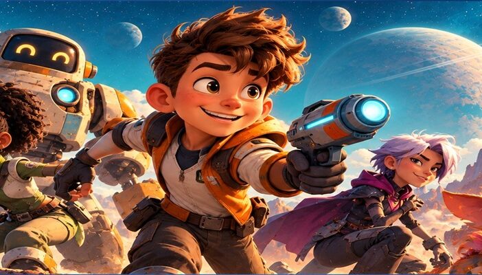Colorful 3D animated illustration of a young space adventurer alongside a diverse group of companions, a friendly robot, and an alien creature, representing the Ray Gunn voice cast.