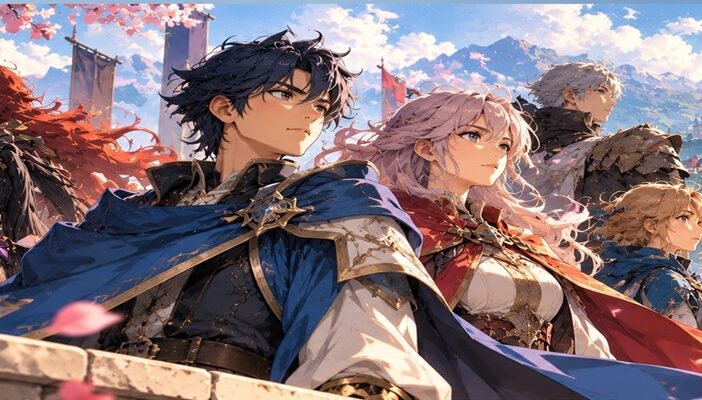 Anime-style fantasy illustration of a group of armored warriors overlooking a castle kingdom, representing the English voice cast of Fire Emblem: Fortune's Weave.