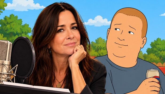 Illustration of voice actress Pamela Adlon beside a studio microphone with an adult Bobby Hill from King of the Hill, set against a sunny suburban backyard with trees, a wooden fence, and a water tower.