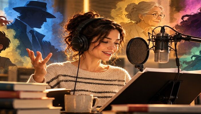 An audiobook narrator performing at a microphone, surrounded by illustrated fictional characters representing the different voices and personalities she brings to life.