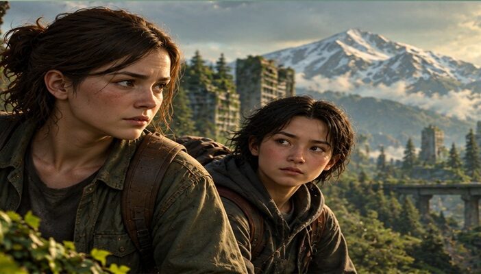 Two survivors cautiously navigate an overgrown, post-apocalyptic city, representing the world of The Last of Us Season 3 and its returning voice actors Laura Bailey and Ian Alexander.