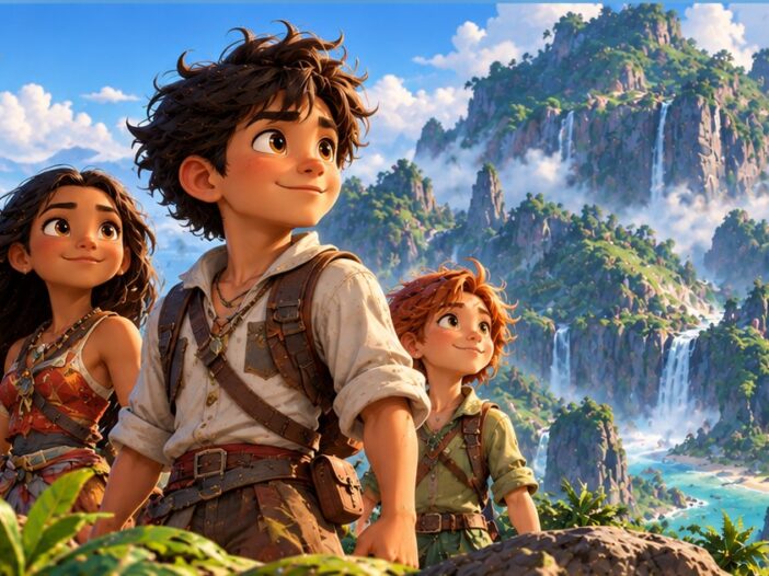 Colorful animated adventurers and a friendly creature exploring a lush tropical island with waterfalls and mountains, representing the voice cast of Forgotten Island.