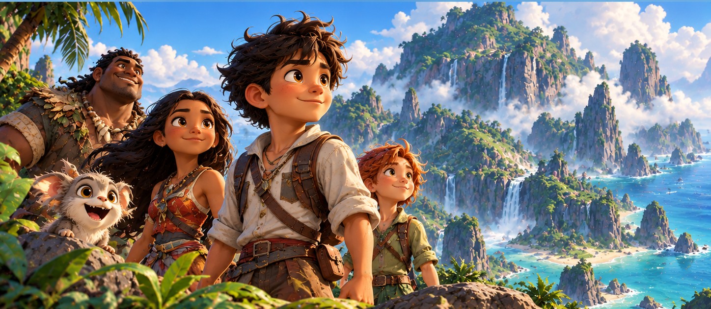 Colorful animated adventurers and a friendly creature exploring a lush tropical island with waterfalls and mountains, representing the voice cast of Forgotten Island.