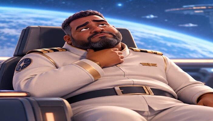 Animated spaceship captain holding his throat, illustrating Jeff Garlin's account of vocal damage while recording Captain B. McCrea in Pixar's WALL-E.